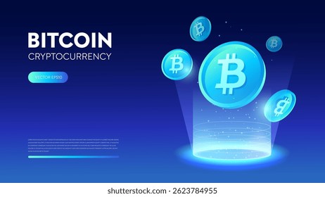 Bitcoin Symbol Flying above Teleportation Pedestal Podium Stand, Futuristic Currency Banking with Cyber Blockchain Technology Concepts Banner Backgrounds perfect for Crypto Digit Investment.