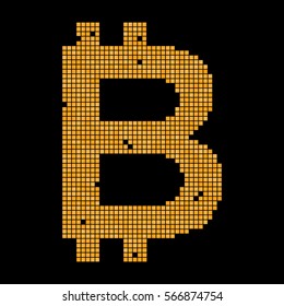 Bitcoin symbol of the golden  pixels on a black background. Cryptocurrency icon.