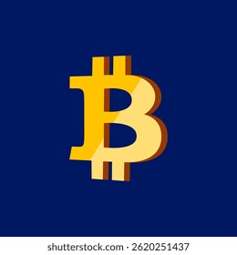 Gráfico de símbolo de Bitcoin diseñado con colores llamativos sobre un fondo azul para la representación digital de la moneda