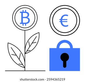 Bitcoin symbol growing as a plant, beside a Euro symbol, above a lock icon