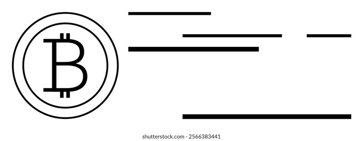 Bitcoin symbol with horizontal lines on right in black and white. Ideal for digital currency, finance, blockchain technology, online transactions, fintech, simple style, minimalist artwork, modern