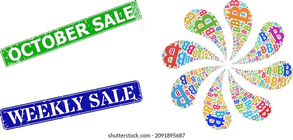 Bitcoin symbol icon colorful swirl cluster turbine fireworks shape, and grunge October Sale stamp. Blue Weekly Sale and green October Sale rectangle grunge seal stamps.