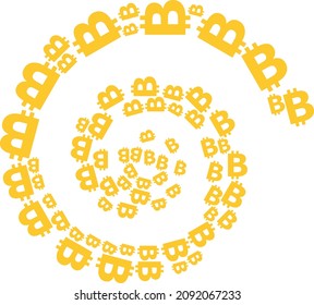  Bitcoin symbol icons are combined into cycle vector illustration. Abstraction curl combined from scatter bitcoin symbol icons.