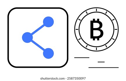 Bitcoin symbol indicating cryptocurrency beside network sharing icon. Ideal for financial tech, blockchain, digital assets, online transactions, cryptocurrency education, fintech startups, technology