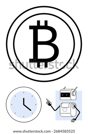 Bitcoin symbol inside a circle wall clock, and robot with a pointer. Ideal for finance, cryptocurrency, digital currency, time management, blockchain, technology, and automation. Line metaphor