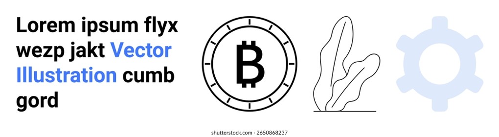 Símbolo Bitcoin dentro de um quadro circular, planta folhosa, ícone de engrenagem azul claro e texto de espaço reservado. Ideal para criptomoeda, finanças digitais, tecnologia blockchain, negócios, start-ups, design moderno