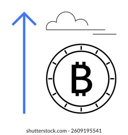 Bitcoin symbol inside a circular outline with large upward blue arrow and a cloud above. Ideal for financial growth, cryptocurrency potential, market trends, investment, blockchain technology