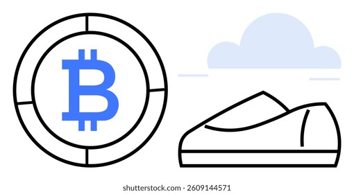 Bitcoin symbol inside a coin alongside a casual shoe with a cloud background. Ideal for cryptocurrency, fashion, e-commerce, fintech, investment, digital marketing, and lifestyle content. Line