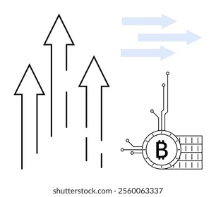 Bitcoin symbol integrated with circuit lines representing digital technology. Upward arrows indicate growth and progress in cryptocurrency value. Ideal for finance, cryptocurrency, investment