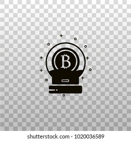 Bitcoin symbol into water globe - black silhouette icon. Glass globe with bit coin symbol. Waterglobe and cryptocurrency emblem. Digital and virtual currency original concept.  