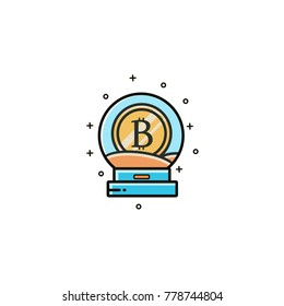  Bitcoin symbol into water globe - flat color line icon. Glass globe with bit coin symbol. Waterglobe and cryptocurrency emblem. Digital and vitual currency original concept.  