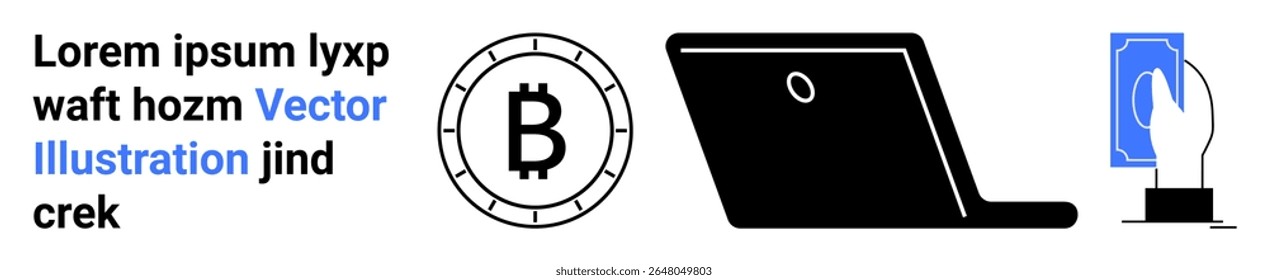 Símbolo Bitcoin, laptop, mão usando smartphone. Ideal para finanças, criptomoeda, blockchain, tecnologia, transações digitais, negócios modernos e inovação Página inicial