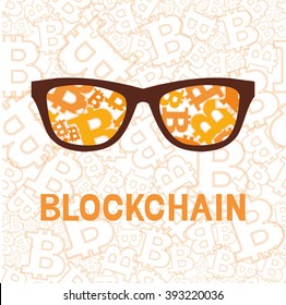 bitcoin symbol and letter blockchain on orange background 