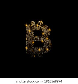 Bitcoin symbol like golden lines structure on black background. Cryptocurrency sign and electrical golden lines.