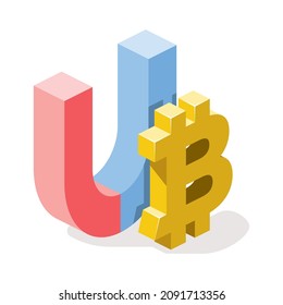 Imán de símbolo de bitcoin. Vector 3d línea isométrica, iconos de color web, nuevo estilo plano. Idea de diseño creativo para infografías.