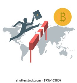 Bitcoin-Symbol, ein Mann mit einer Aktentasche springt über die Barriere, Weltkarte - Vektorgrafik. Kryptowährungszahlungen