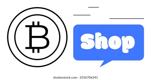 Bitcoin symbol next to message bubble with word Shop in blue. Ideal for cryptocurrency retail e-commerce online stores digital currency payment methods innovation technology. Minimalistic modern