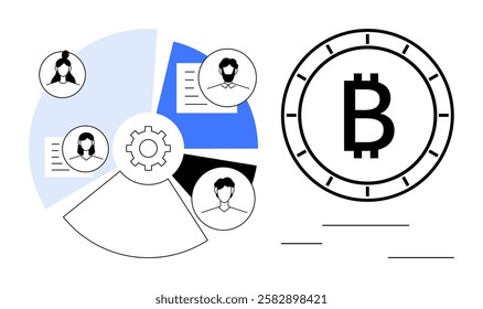 Bitcoin symbol next to pie chart divided into segments, each with an avatar and document icon. Gear wheel in the middle. Ideal for cryptocurrency, teamwork, collaboration, decentralized systems