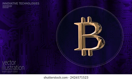 Bitcoin symbol on abstract circuit board cpu microchip. Golden currency crypto currency banking system. Economy commerce network blockchain vector illustration