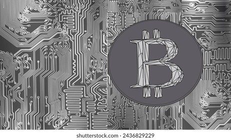  Bitcoin symbol on abstract circuit board cpu microchip. Golden currency crypto currency banking system. Economy commerce network blockchain vector illustration