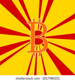 Bitcoin symbol on a background of red flash explosion radial lines. The large orange symbol is located in the center of the sun, symbolizing the sunrise. Vector illustration on yellow background