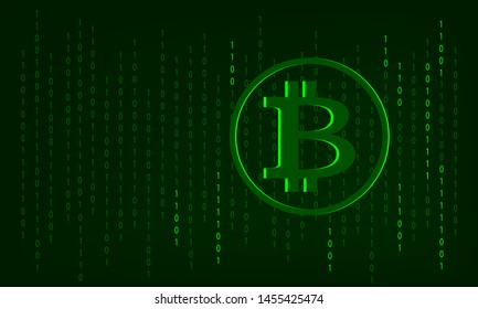 Bitcoin symbol on a binary dark green background, space for text or design. 