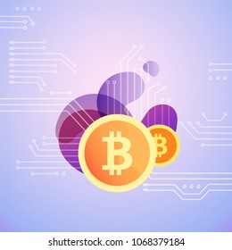 Bitcoin symbol on bubble shapes and  gradient background. Modern vector cryptocurrency concept. 