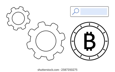 Bitcoin symbol on a coin beside two gears and a search bar. Ideal for finance, cryptocurrency, blockchain, fintech, digital economy, technology solutions, SEO. Line metaphor