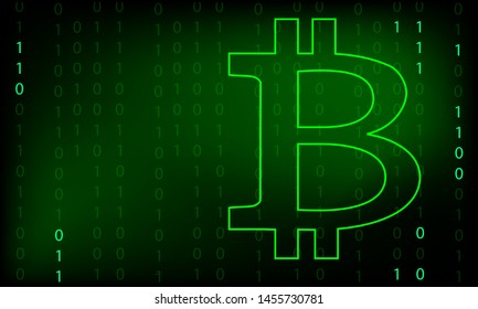 Bitcoin symbol on a green binary background, digital money concept.