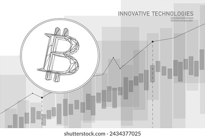Símbolo de Bitcoin en gráfico creciente. Sistema bancario de criptomoneda de moneda dorada. Ilustración vectorial de blockchain de red de comercio económico