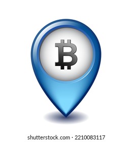 Bitcoin symbol on Mapping Marker vector icon. Illustration design of currency sign on Map Pointer. Vector illustration isolated on white background