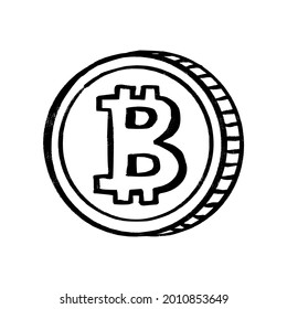 Bitcoin symbol on money coin hand drawn sketch vector sign. Cryptocurrency icon isolated on white.