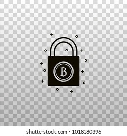 Bitcoin symbol on padlock - flat black silhouette on transparent background. Blockchain technology vector sign, pictogram, element. Block chain and cpyptography platforn logotype, label, template. 