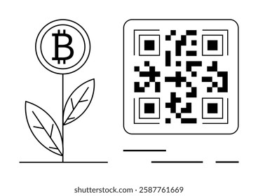 Bitcoin symbol on a plant, symbolizing growth, next to a QR code. Ideal for themes like cryptocurrency, blockchain technology, digital transactions, financial growth, future of finance, investment