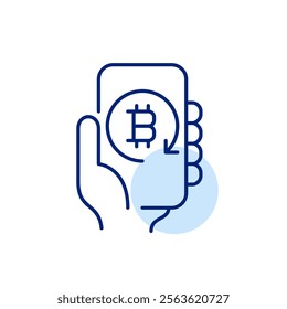 Bitcoin symbol on smartphone. Cryptocurrency flow, transactions and personal wallet. Investment and payment. Pixel perfect, editable stroke icon