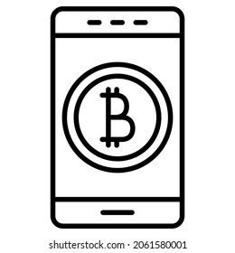 The bitcoin symbol on the smartphone screen. Electronic payment with cryptocurrency. Icon, vector, outline, isolated, 48 pixel. Editable stroke.