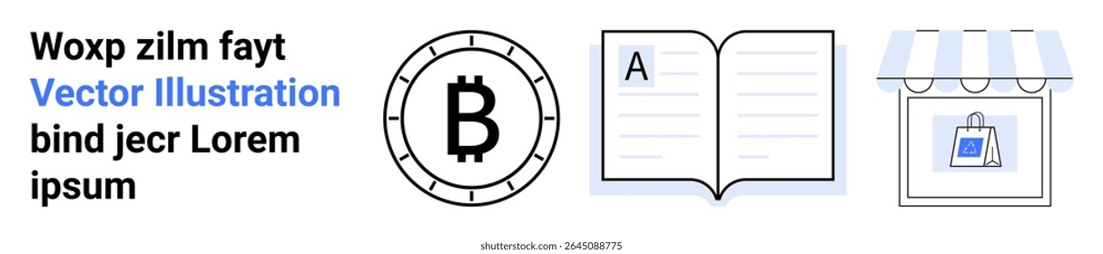 Bitcoin symbol, open book with text A, and store with shopping bag icon. Ideal themes cryptocurrency, education, e-commerce, retail, finance, technology, online shopping. Landing page