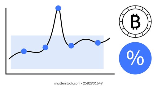 Bitcoin symbol, percentage sign, and a line graph with data points showing market trends and fluctuations. Ideal for finance, cryptocurrency, investment, economic studies, data analysis, statistical