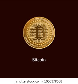 Bitcoin is a symbol of a physical coin. Gold sign of crypto currency on a dark background. Cryptography, illustration of financial technologies. Use for logos, print products.