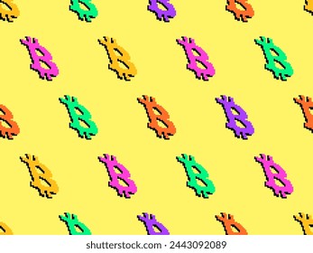 Bitcoin symbol in pixel style. Seamless pattern with the Bitcoin symbol in the style of 8-bit graphics. Bitcoin cryptocurrency. Design of wallpapers, banners and posters. Vector illustration