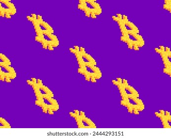 Bitcoin symbol in pixel style. Seamless pattern with the Bitcoin symbol in the style of 8-bit graphics. Bitcoin cryptocurrency. Design of wallpapers, banners and posters. Vector illustration