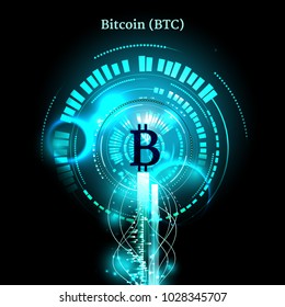 Bitcoin symbol and price chart. Cryptocurrency concept. Futuristic vector blue design.