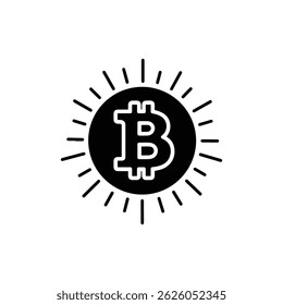 Bitcoin Symbol with Radiating Lines Like Sun - Black Filled Icon