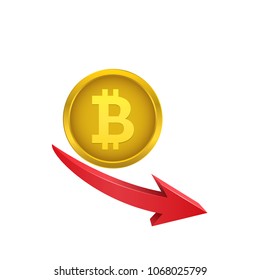 Bitcoin symbol with red arrow, financial crisis. Vector illustration