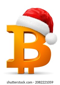 Bitcoin symbol in red Santa Claus hat. Christmas hat is put on money sign