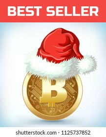 Bitcoin symbol and Santa claus hat. Cute Digital currency. Gold cryptocurrency. Happy new year Bitcoin.