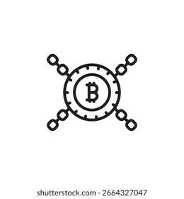 Símbolo de Bitcoin asegurado por cadenas, que representa la tecnología blockchain o la seguridad de criptomonedas.