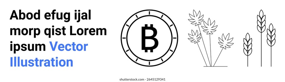 Bitcoin symbol, simple cannabis and wheat drawings, placeholder Lorem Ipsum text. Ideal for cryptocurrency, agriculture, finance, economics, technology, minimal designs, modern themes. Landing page