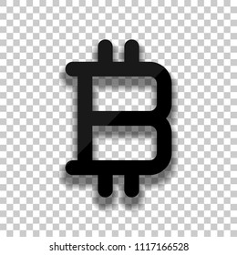 bitcoin symbol, simple icon. Black glass icon with soft shadow on transparent background