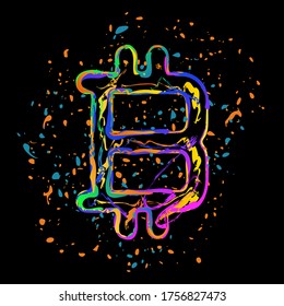 bitcoin symbol, simple icon. Colored ink with splashes on black background